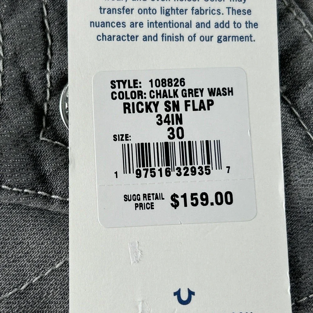 True Religion Ricky Relaxed Straight Jeans Chalk Grey Wash Flap Pocket 30x34 NEW
